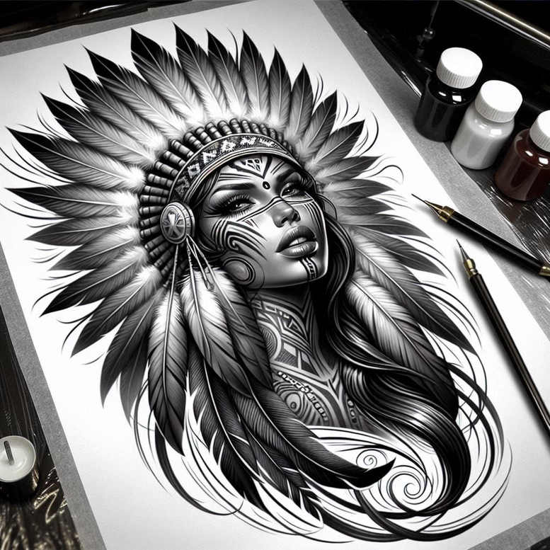 native-american-women tattoo design ideas monochrome strong for shin