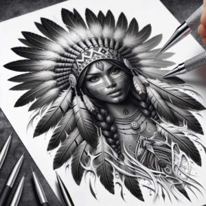 native-american-women tattoo design ideas Surrealism ethereal glow traditional hairstyle for knee