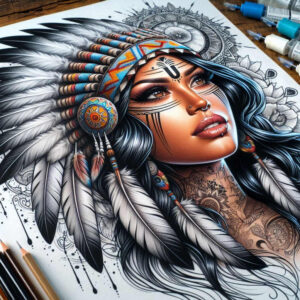native-american-women tattoo design ideas Realism detailed rendering traditional hairstyle for lower back