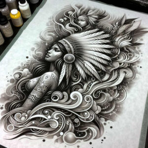 Woman with elaborate black and grey feather headdress, flowing hair, and ornate swirls; geometric arm patterns; AI-generated tattoo project; suitable for cover-up.