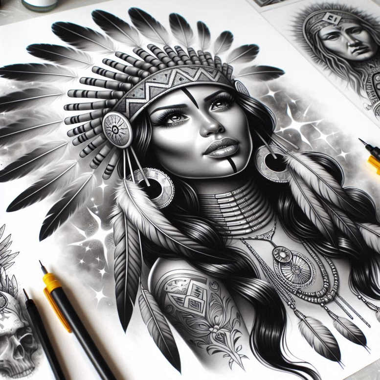 A black and grey tattoo design of a woman wearing a feathered Native American headdress with headband, earrings, and necklace, plus a skull in the corner; AI-generated tattoo project; suitable for a cover-up.