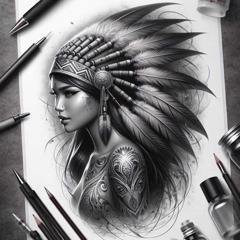Black and grey portrait of a woman wearing a feathered headband; visible objects include paper, ink bottle, and marker; tattoo design idea.