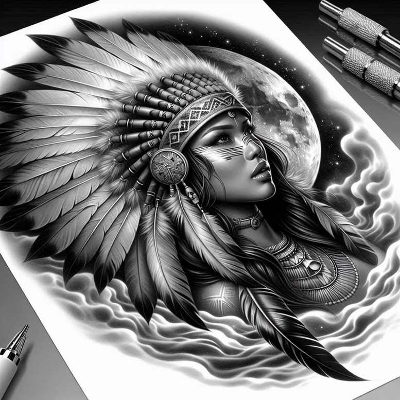 Black and grey tattoo design of a Native American woman with a feather headdress, moon in the background, and wispy clouds; project idea, cover-up suitable.