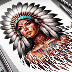 Woman with turquoise headband and feathered headdress, necklace and earring; black and grey feathers with colorful geometric patterns on neck and chest; AI-generated tattoo project; not suitable for cover-up.