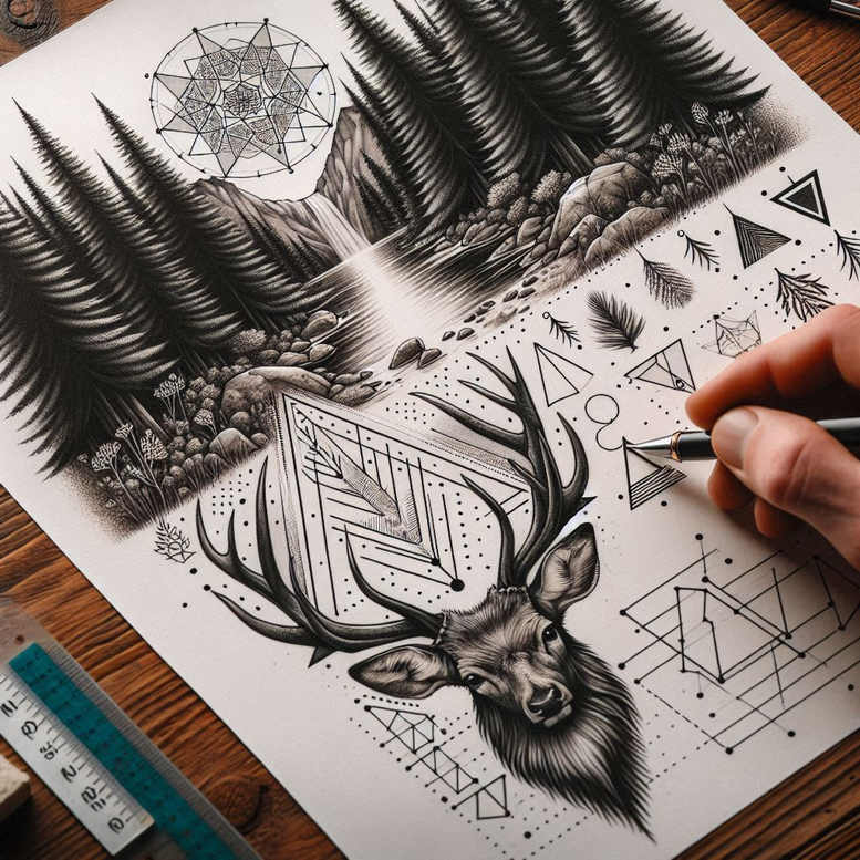 geometric-elements – tattoo design ideas free ai generated – transcendent – for-upper-back – Gallery: nature-and-geometry-inkby-ai