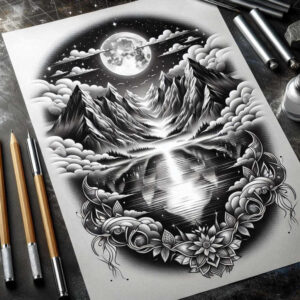 nature-and-geometry – tattoo design ideas free ai generated – ethereal – for-lower-chest – Gallery: nature-and-geometry-inkby-ai