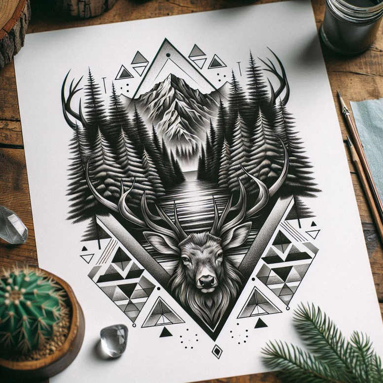 nature-in-lines – tattoo design ideas free ai generated – soft-curves – for-back – Gallery: nature-and-geometry-inkby-ai