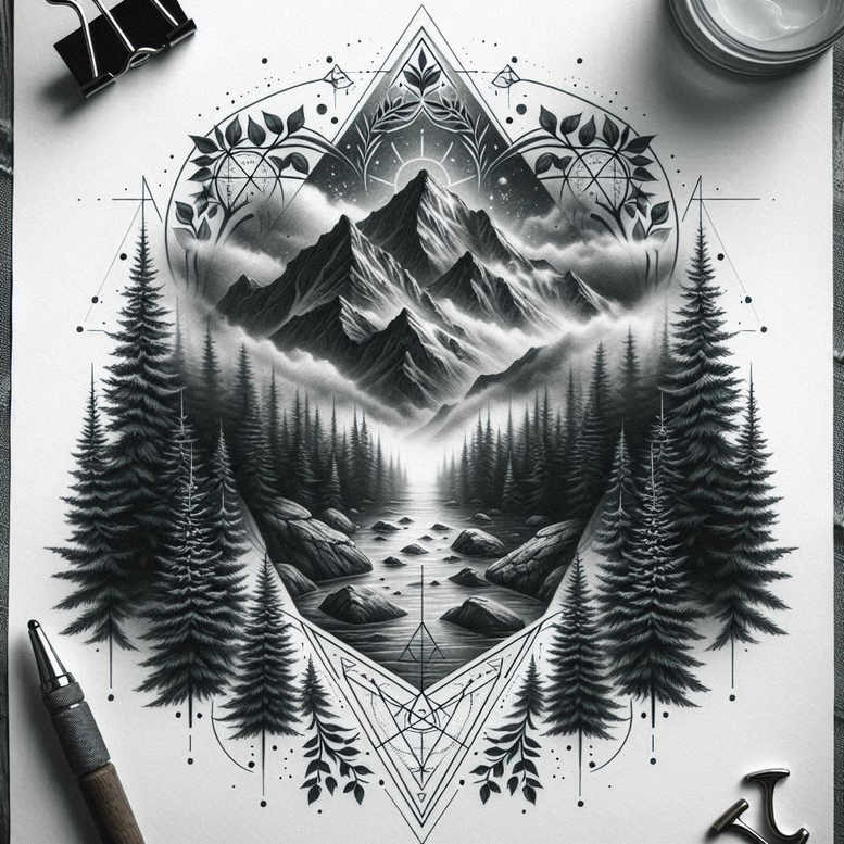 nature-and-geometry tattoo design ideas Realism soft contrast abstract geometry for ribs