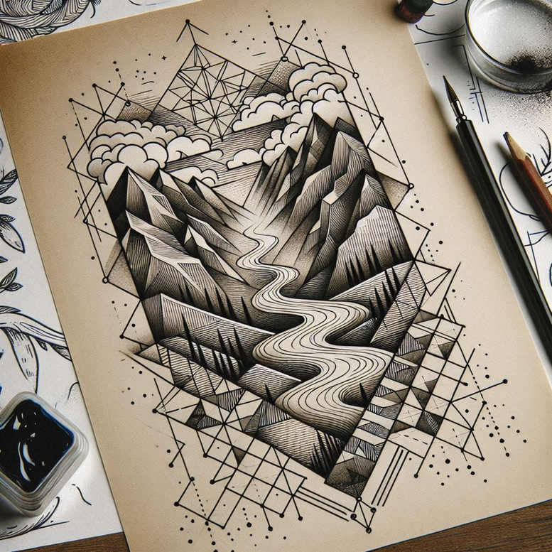 nature-and-geometry tattoo design ideas monochrome cube illusion shows determination