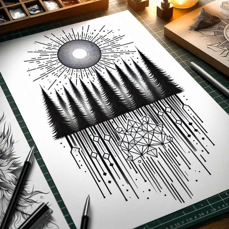 nature-and-geometry tattoo design ideas Surrealism fantastical cursive banner symbol of strength