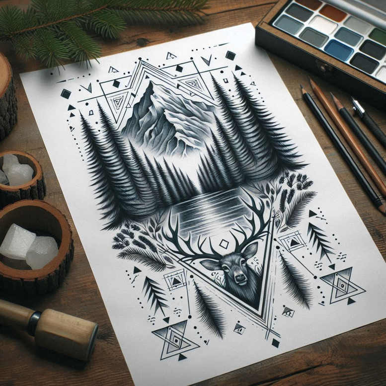 nature-and-geometry tattoo design ideas Realism deep shadows parallelogram symbol of resilience