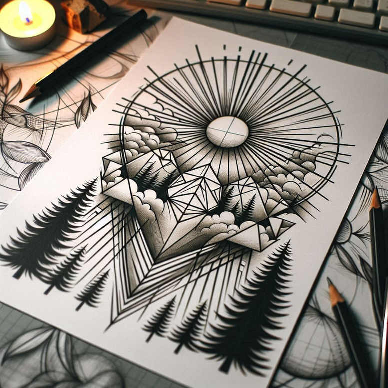 nature-and-geometry tattoo design ideas Surrealism juxtaposition whip shading for wrist