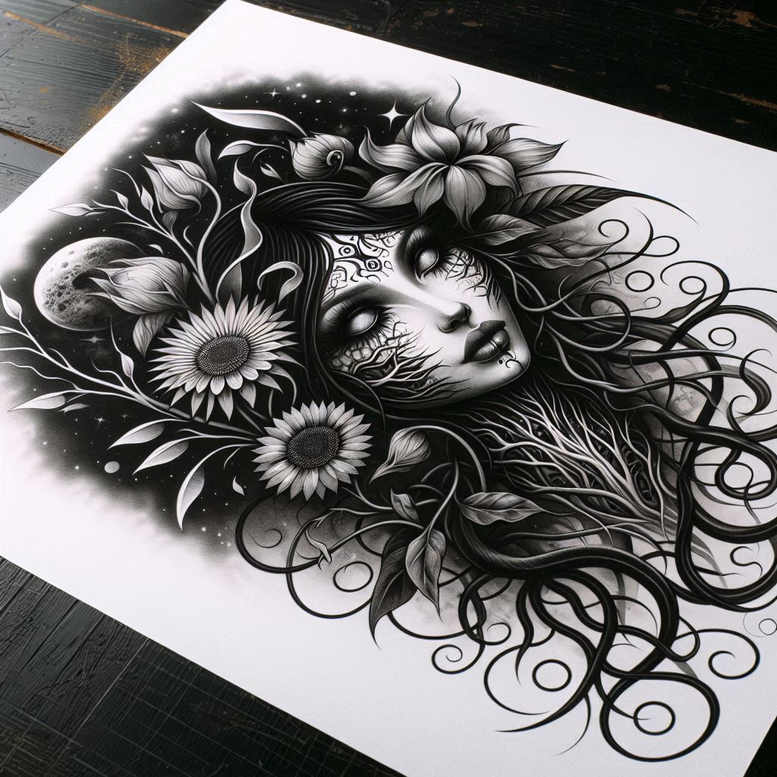 trees-tattoo – tattoo design ideas free ai generated – neotraditional-artful-color – for-upper-thigh – Gallery: nature-inkby-ai