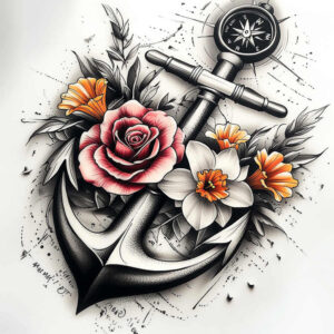 Anchor and compass tattoo design with a pink rose, white daffodils, and leaves in black and grey; cover-up-ready, AI-generated tattoo project.