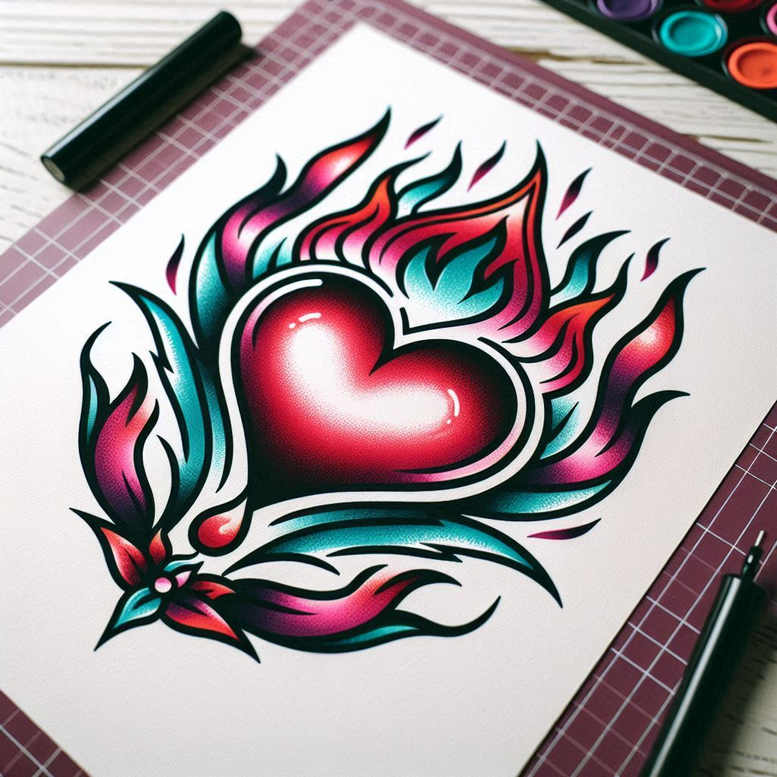 Heart with bold black outlines, surrounded by teal and pink flames, teal leaves, and a small pink flower; full color tattoo design concept; not a cover-up.