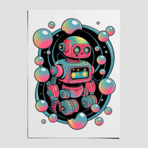 Robot illustration in pink, teal, and cyan with bubble orbs around a dark circular backdrop; full color, AI-generated tattoo project; cover-up suitable.