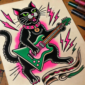 Black cat with green eyes plays a neon pink-green electric guitar; bold linework, pink aura, and pattern accents; a colorful tattoo project, not a cover-up.