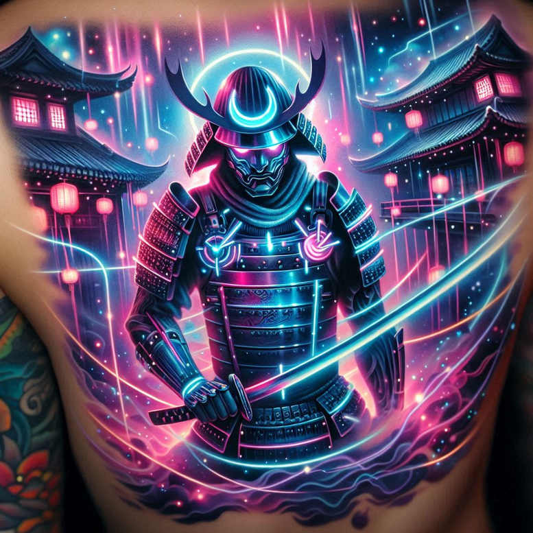 Samurai in neon cyber armor with katana, helmet, and a lantern-lit background; full color; AI-generated tattoo project; not suitable for cover-up.
