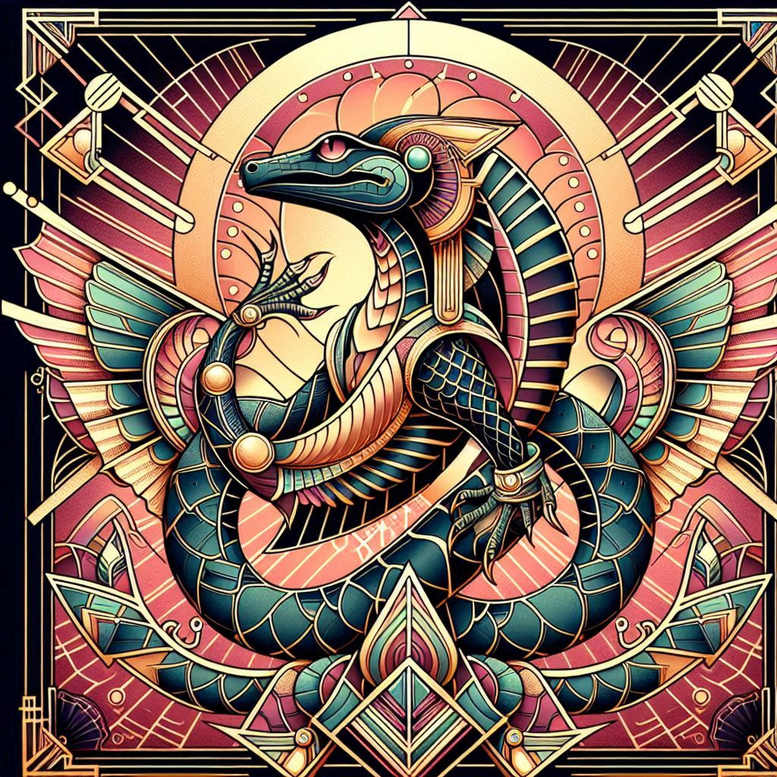 Colorful dragon tattoo design with circular mandala, wings, scales, and geometric accents in teal, pink, and gold; AI-generated tattoo project; not ideal for cover-up.
