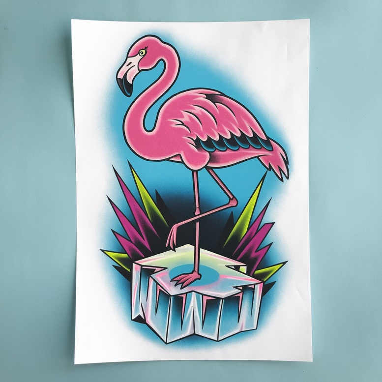 Flamingo on ice block with spiky leaves; pink bird, blue background, neon purple and lime accents; full-color tattoo design idea; pattern; not for cover-up.
