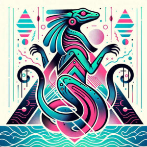 Dragon on neon teal and pink geometric shapes with waves; full-color tattoo design concept; AI-generated tattoo project; not specifically suitable for cover-up.