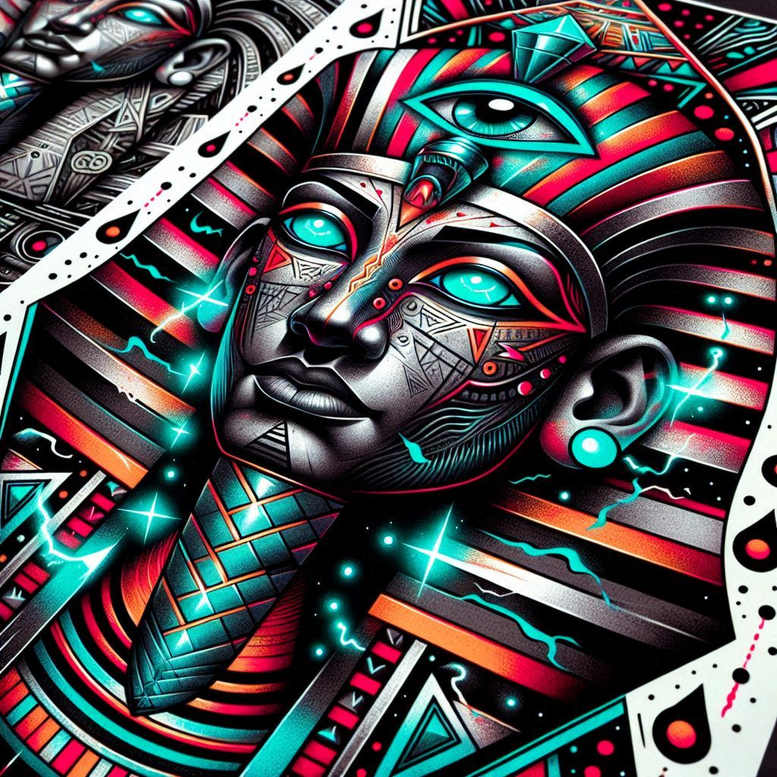 Pharaoh head with turquoise eye, striped headdress, neck collar in full color; AI-generated tattoo project, clearly suitable for a cover-up.