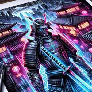 Color tattoo design idea of a neon Japanese samurai in black armor with blue katana, dragon emblem on chest, patterned armor and neon city backdrop; AI-generated tattoo project; not suitable for cover-up.