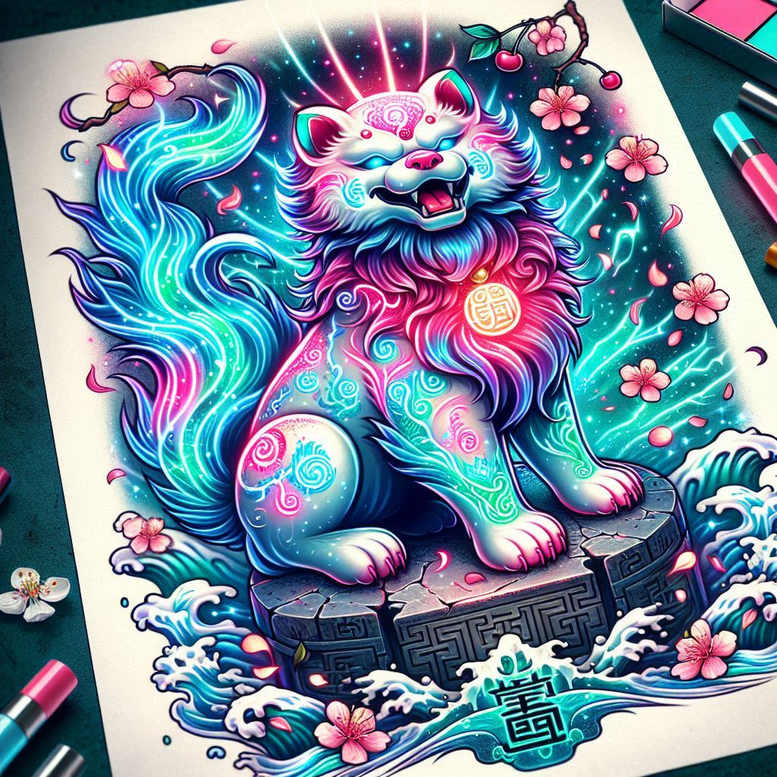 Colorful guardian lion-dog in neon blues, pinks, and teals atop a stone pedestal with waves and pink blossoms; AI-generated tattoo design idea; not suitable for cover-up.