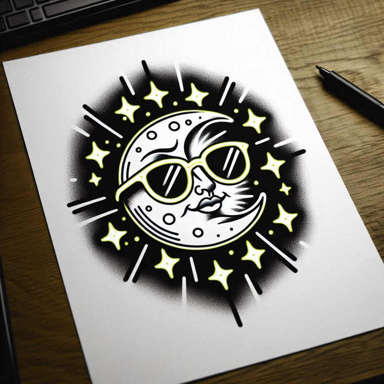 Black and grey minimalist sun and moon tattoo featuring a smiling face wearing sunglasses, surrounded by stars within a circular frame; concept sketch, ideal for cover-up.
