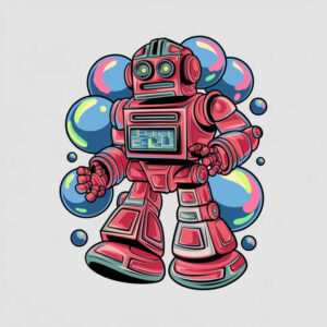 Robot in pink-red hues with surrounding bubbles; color illustration; AI-generated tattoo project; not ideal for cover-up.