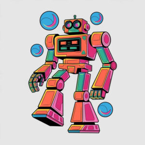 Robot with neon pink, orange, yellow, green panels and blue orbs on a light gray background; AI-generated tattoo project; not designed for cover-up.