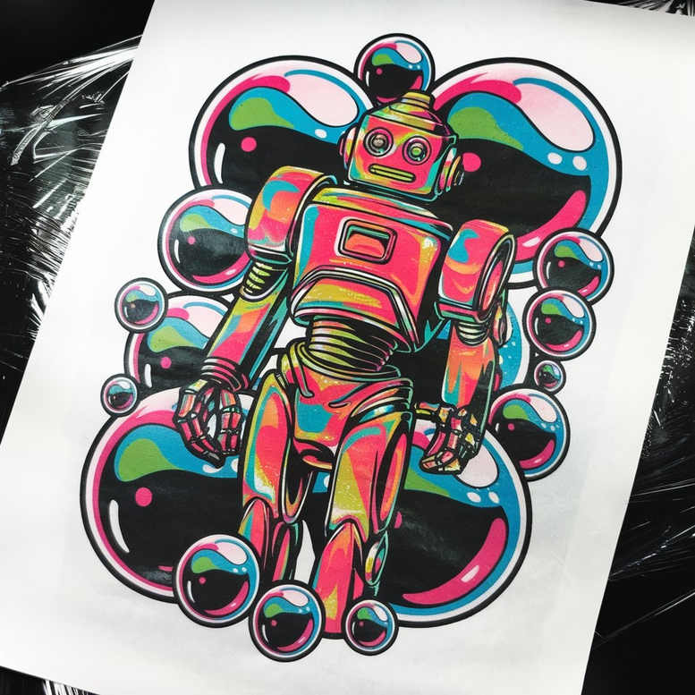 Robot with neon color fills and bubbles on white paper; AI-generated tattoo project idea; not suitable for cover-up.