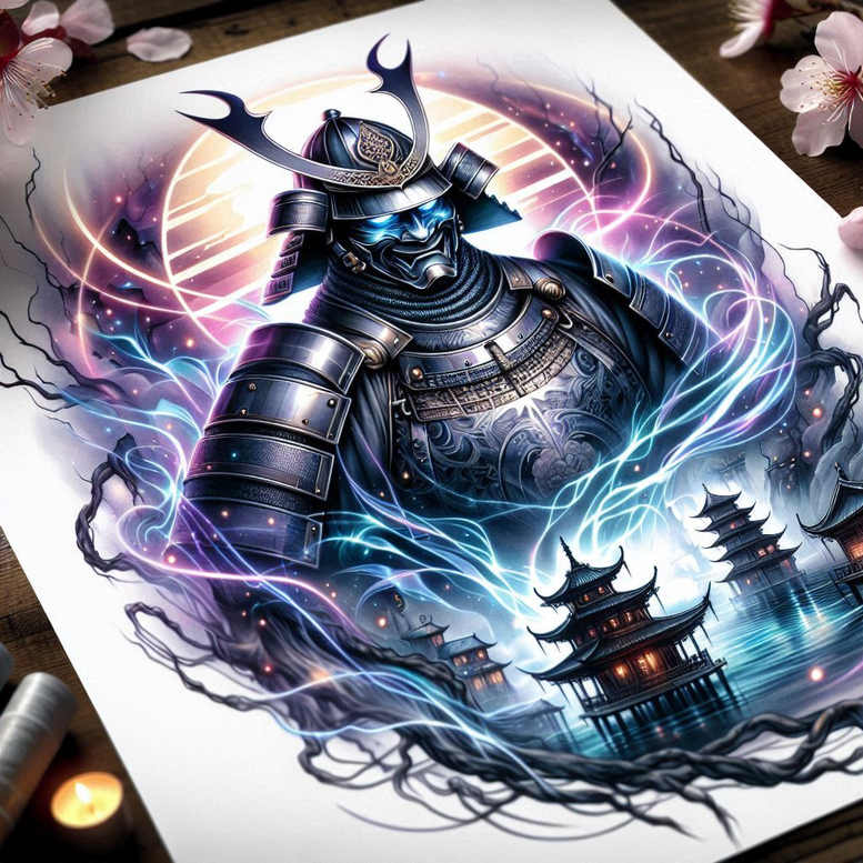 Color image of a neon-lit samurai in glossy black armor with blue and pink energy swirls, a pagoda skyline and cherry blossoms; a tattoo design concept, project, not suitable for cover-up.