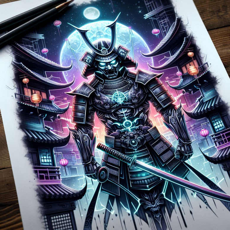 Samurai in ornate armor holding a katana amid pagoda structures, lanterns, and a moon above a neon cityscape; full color; tattoo project concept; not suitable for cover-up; pattern.