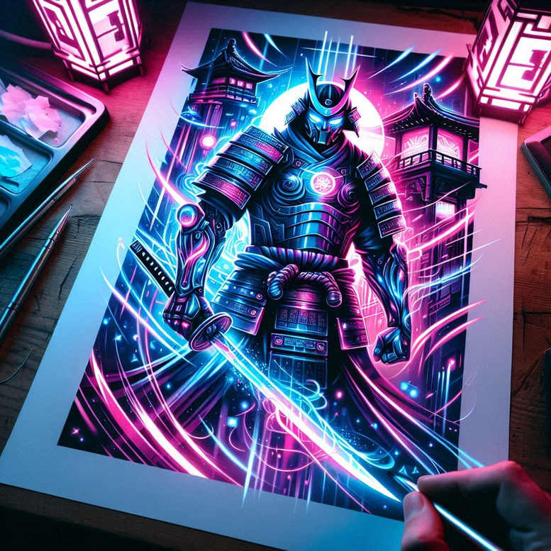 Samurai, armor, sword, pagoda, cityscape; color; AI-generated tattoo project; suitable for a cover-up.