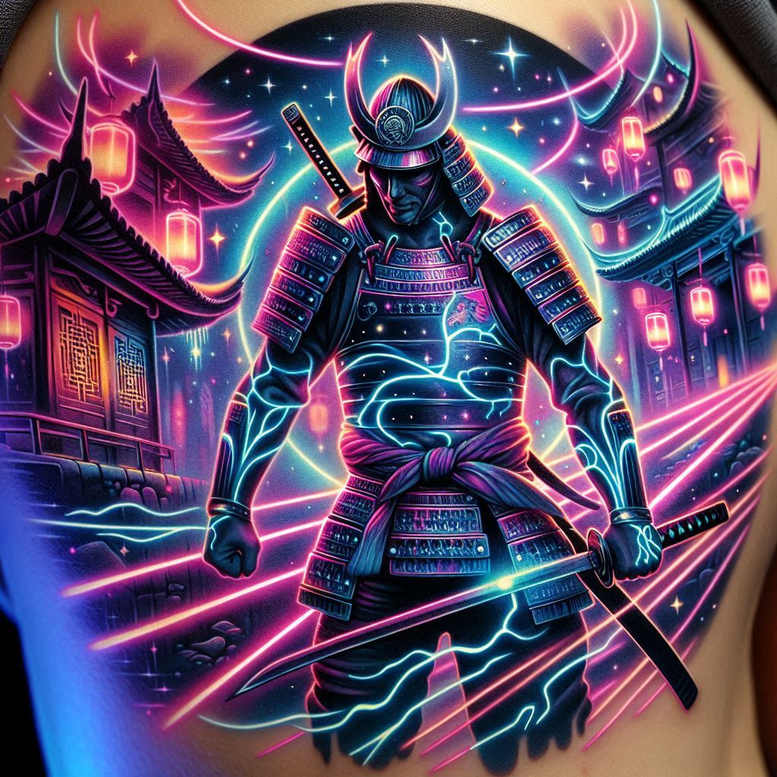 Samurai in neon armor wielding a katana, lanterns and a temple backdrop; full color tattoo project; not ideal for cover-up.