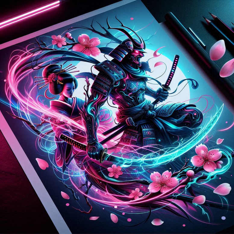 Samurai figure with neon blue and pink katana, cherry blossoms and petals; full color tattoo design concept; cover-up not suitable.