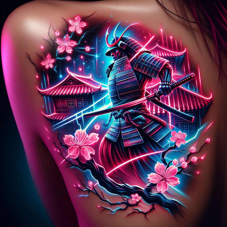 Color tattoo design idea featuring a neon-lit samurai in blue armor wielding a katana, with pink cherry blossoms and a pagoda temple in the background; color tattoo design concept; not ideal for a cover-up.