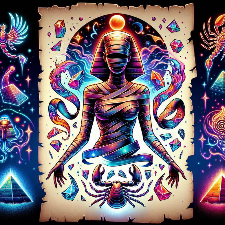 Wrapped mummy figure in neon bands with an orange orb above, crab at the base, and floating diamonds and pyramids around on a parchment scroll; full-color tattoo project idea, not a cover-up.