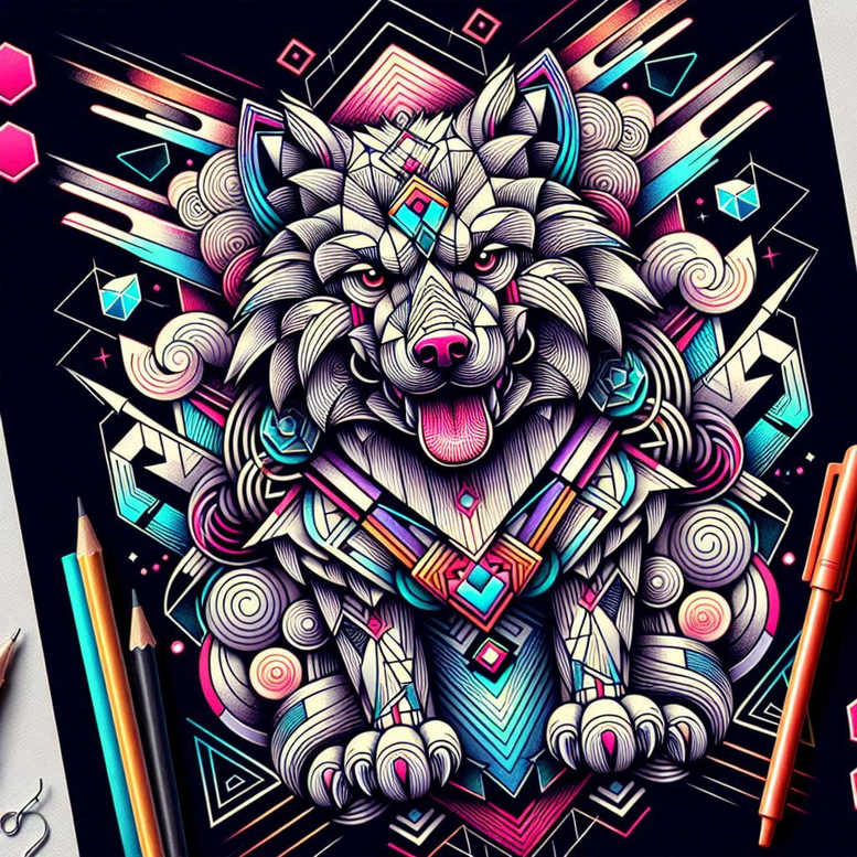 Wolf head in multicolor neon geometric armor on black background, with pencils and paper sheet; AI-generated tattoo project; suitable for a cover-up.