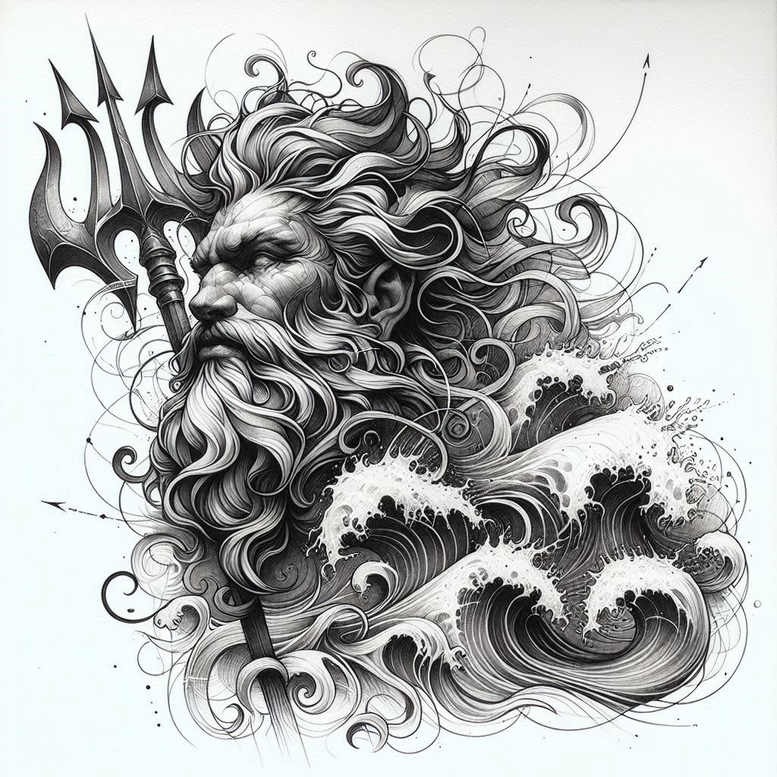 Poseidon-inspired black and grey tattoo concept featuring a bearded sea god with a trident amid curling waves; project idea, cover-up ready.