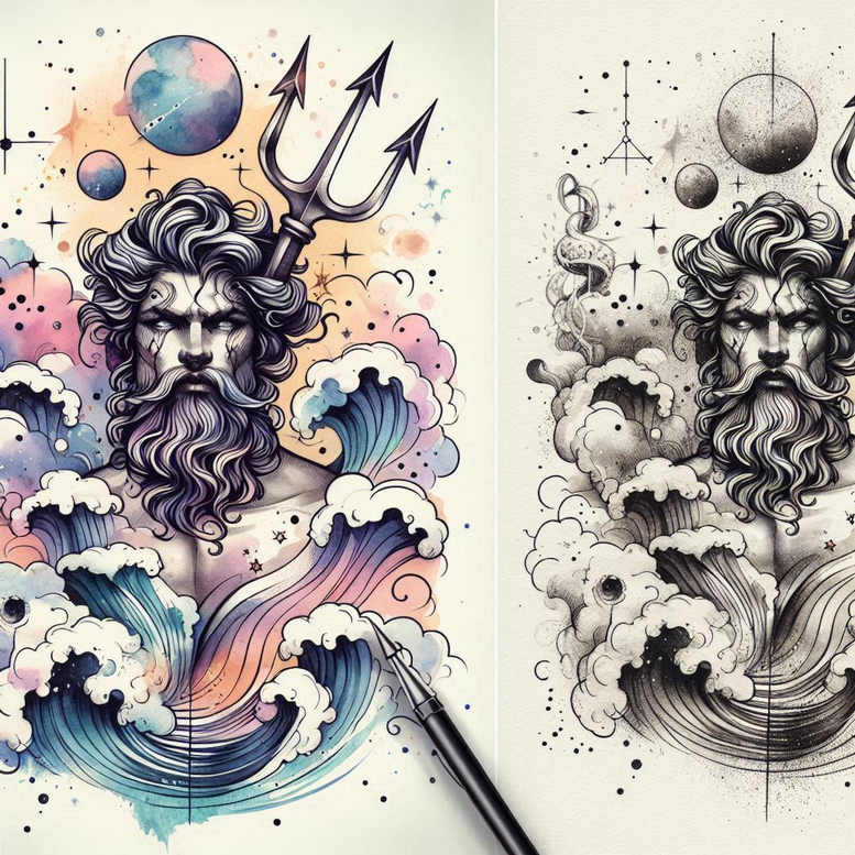 Neptune, trident, waves, clouds, planets; color tattoo; tattoo design project; not ideal for cover-up.