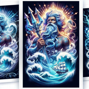 Figure of Neptune with blue-white beard and hair holding a blue trident; white-sailed ship on turquoise waves; color tattoo project idea; not clearly suitable for cover-up.