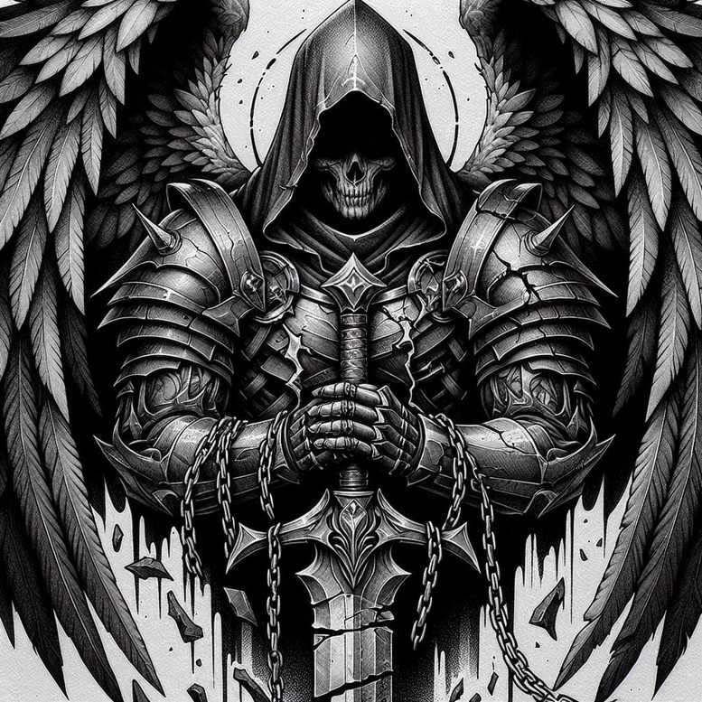 Black and grey skeleton wearing a hood and ornate armor with large wings, chains, and a sword; cover-up tattoo project.