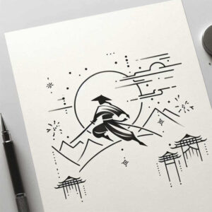 Ninja silhouette leaping over jagged mountains with distant pagodas under a large moon, in black and grey line art; project idea; not suitable for cover-up.