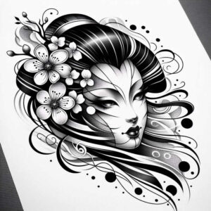 Black and grey tattoo design of a stylized woman's face with flowing hair and floral accents; project idea; cover-up ready.