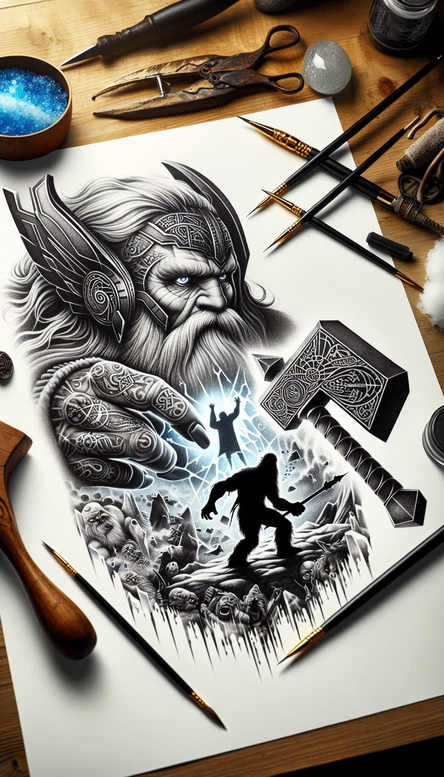 Odin-inspired black and grey tattoo concept featuring a hooded, bearded Odin with cloak, entwined tree forms, and a lone silhouette; project idea.