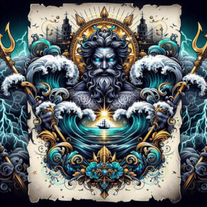 Colorful full-color tattoo design featuring god, halo, wave, boat, spear, trident, flower, and ornament; project; cover-up suitable.