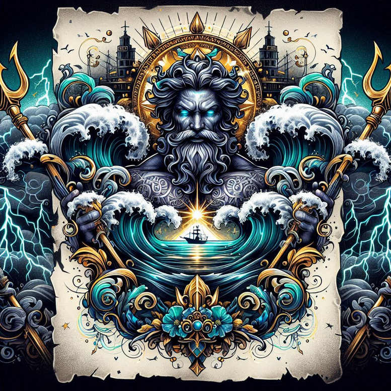 Colorful full-color tattoo design featuring god, halo, wave, boat, spear, trident, flower, and ornament; project; cover-up suitable.