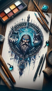 Man with long beard center, two wolves flanking, circular runic circle, dagger downward, blue and black shading on white background; black and grey tattoo project; cover-up suitable.